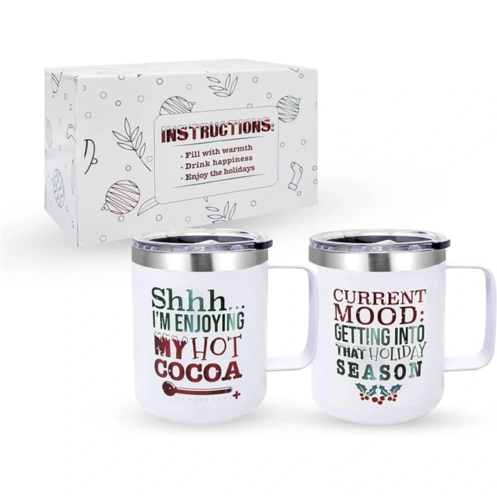 Set of white Christmas insulated mugs with lid set new